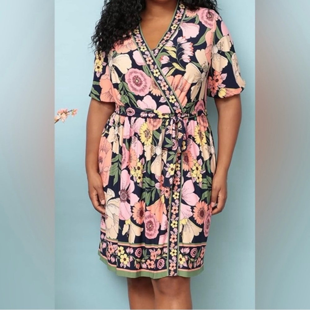 Floral Wrap Dress in Navy and Pink